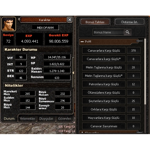  72 lvl ham 32 k hasar perma şebnem yok kızılda farmlayabiliyor